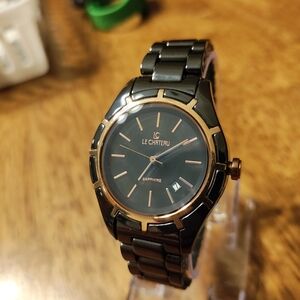 Le Chateau LE Women's Dress Watch Ceramic Black & Rose Gold Sapphire Crystal EUC